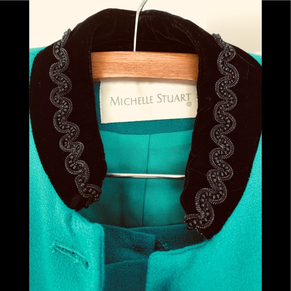 VTG 80s Black Velvet trim peplum jacket & mini skirt 10P worsted wool crêpe teal - Picture 3 of 16